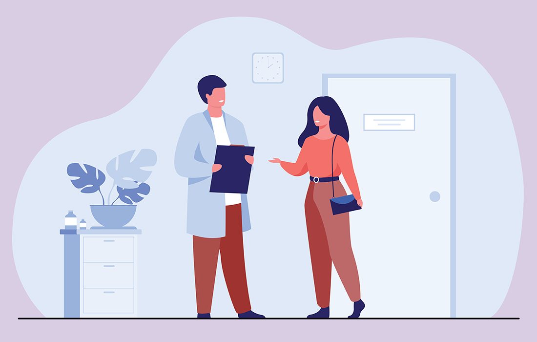 Female patient in doctor office flat vector illustration. Cartoon physician helping with diagnosis and medical therapy. Healthcare and hospital treatment concept